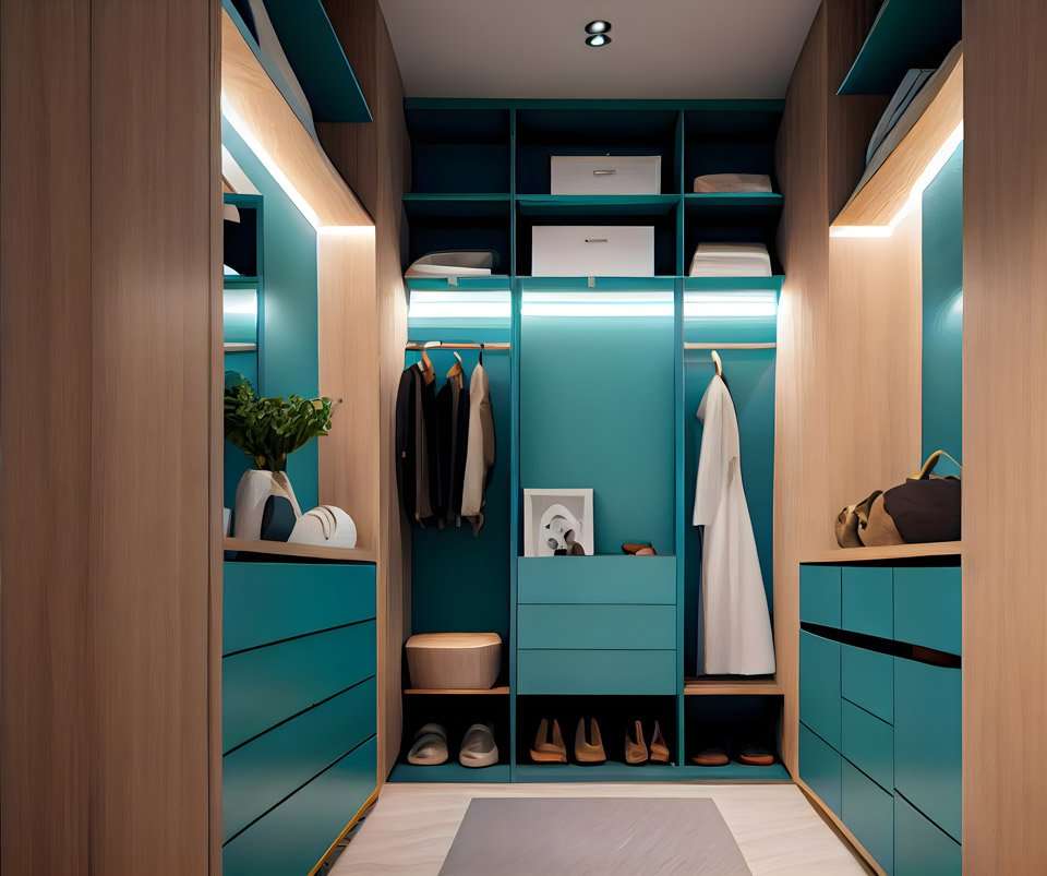 Green Walk-in Wardrobe with in-built lights